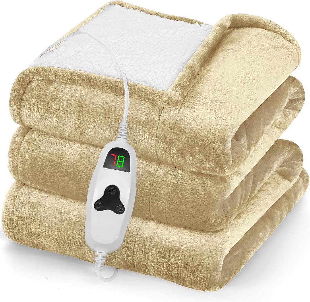 Greenoak Heated Blanket Electric Throw 50"X60", Heating Blanket with 10 Heat Levels 8 Hours Auto-Off, Fleece Soft Blanket, Birthday Gifts for Grandma Seniors, Beige