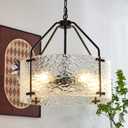 Modern Chandeliers for Dining Room - 18''Glass Drum Chandelier Black5-Light Kitchen Chandeliers Over Table Bedroom LightFixture for Living Room