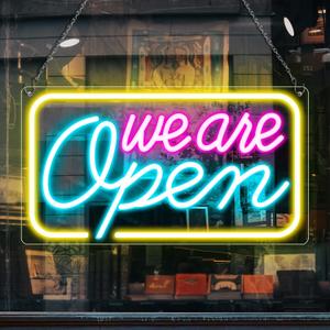 Neon We Are Open Signs for Business, 16.5''x 9'' Open Sign LED, Super Bright & Easy to Spot Open Neon Sign(Pink&Blue&Yello), with ON/OFF Switch & Adapter, Ideal for Window, Party, Wall, Bars, Coffee