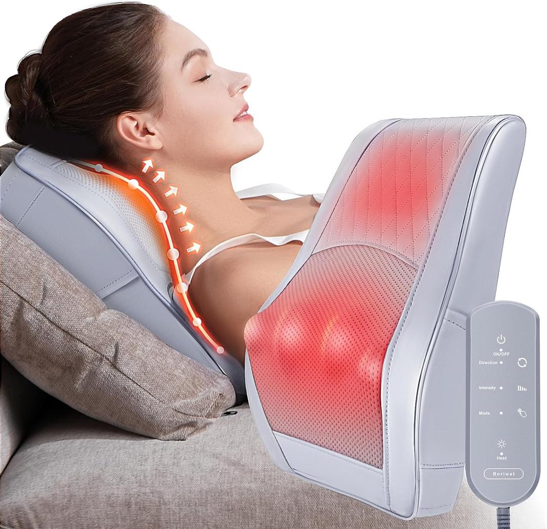 Boriwat Neck and Shoulder Massager with Heat, Shiatsu Massage Pillow with 3D Deep Tissue Kneading for Back Legs Foot Body Pain Relief,at Home Office Car, Gift for Mom & Dad (Light Gray)