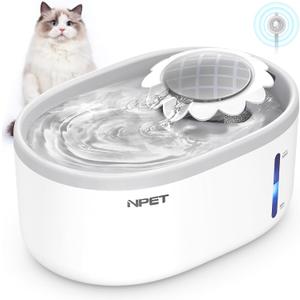 NPET Cat Water Fountain with Visible Water Level Window, White Grey 2L/67oz Automatic Pet Water Fountain with Quiet Pump, Dog Water Dispenser for Drinking (Inductor Model)