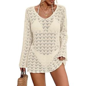 BreathSunny Womens Crochet Knit Beach Bikini V-Neck Cover Up Hollow Out Dress Summer 2026 Bathing Suit Coverups M