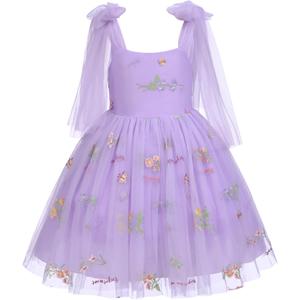 Flower Girl Floal Lace Tulle Dress Princess Backless Wedding Junior Bridesmaid Pageant Communion Dance Maxi Gown (12-18 Months, Purple & Floral)