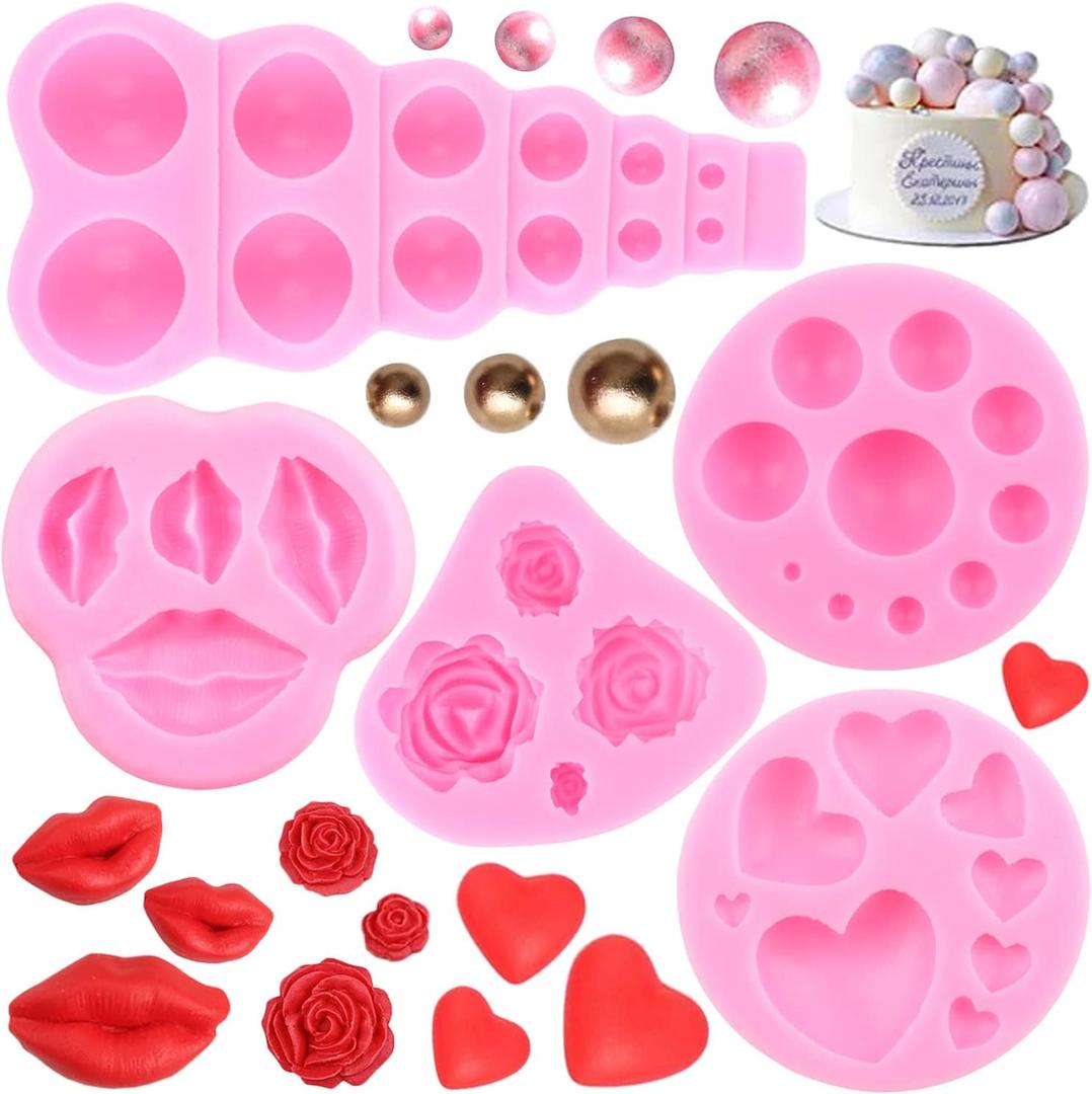 3 x Valentine's Day Fondant Molds Lips Love Heart Rose Silicone Mold Semi Sphere Ball Chocolate Molds For Cake Decorating Cupcake Topper Gum Paste Candy Polymer Clay Set Of 4