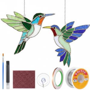 LemonRoad Unfinished Pre Cut Stained Glass for Adult Made Easy Stained Glass Craft with Solder Wire, Flux Brush for Home Birthday Party Decor(2 Set,Hummingbird)