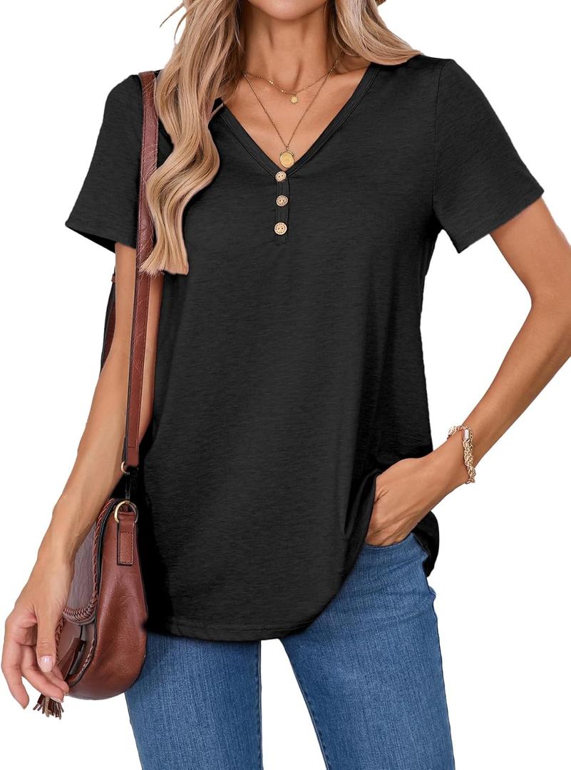 Women's V-Neck Short Sleeve Top T-Shirt Stretchy Relaxed Fit Blouse Lightweight Casual Loose Top Summer Travel (Black), Small