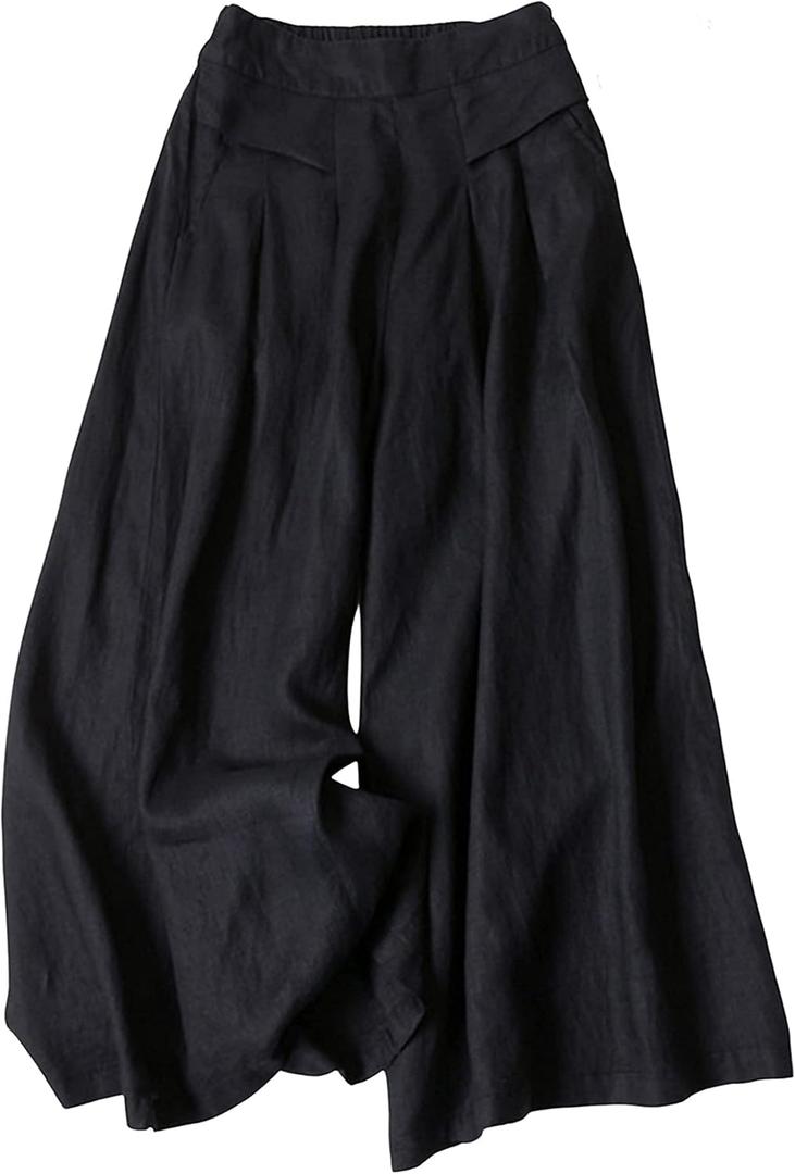 Bianstore Women's Culottes Linen Cropped Wide Leg Pants Elastic Waist Casual Palazzo Trousers with Pockets (X-Large, Black)
