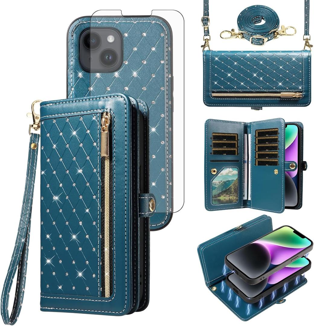 Phone Case for iPhone 14 6.1 inch Zipper Wallet Detachable Magnetic Cell Cover with Screen Protector Crossbody Lanyard Strap Bling Glitter Flip Credit iPhone14 5G i i-Phone i14 14Case Women Dark Green