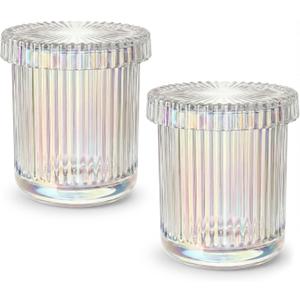 2 Pack Qtip Holder - Apothecary Jars with Lids, Bathroom Organizers and Storage Canister for Cotton Balls,Swabs,Floss Picks,Hair Ties,Clear Glass Vintage Bathroom Decor Jar Set (Iridescent)