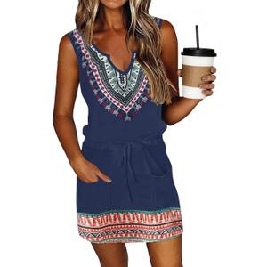 SAUKOLE Womens Sleeveless T Shirt Dresses Casual Cute Floral Print Short Dress Summer Fashion Front Pockets (Large, Bohe Navy)