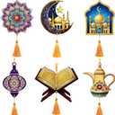 6 PCS Ramadan Ornaments Wooden Ramadan Decorations Islam Mubarak Wooden Ornaments with Golden String & Tassel Moon Shape Islamic Decorations for Home