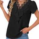 Vrtige Women's Elegant Lace V Neck Petal Short Sleeve Ruffle Work Chiffon Blouse Shirt Top Black Small (S)