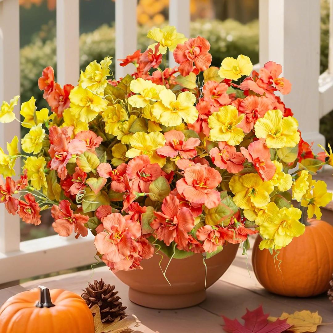 Fall Flowers Fake Flowers Mums for Outdoors Autumn Decoration, 6 Bundles Artificial Flowers Faux Silk Plants Realistic UV Resistant for Outside Planter Patio (Fall Yellow Orange)