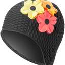 Sporti Bubble Swim Cap, Women Protection Bathing Cap, Anti-Slip Interior Grip, Made from Latex/Rubber & Keep Head Warm (Black/Mixed Flowers)