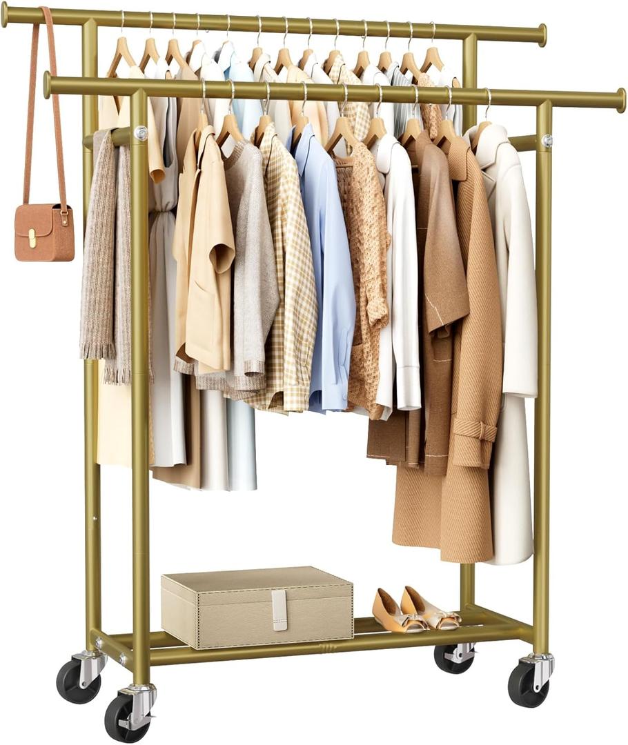 HYSEYY Clothes Rack, Double Rods Rolling Clothing Rack for Hanging Clothes, Portable Garment Rack with Wheels, Coat Rack Wardrobe Closet Load 240 LBS for Bedroom Laundry Room (Glod, L)