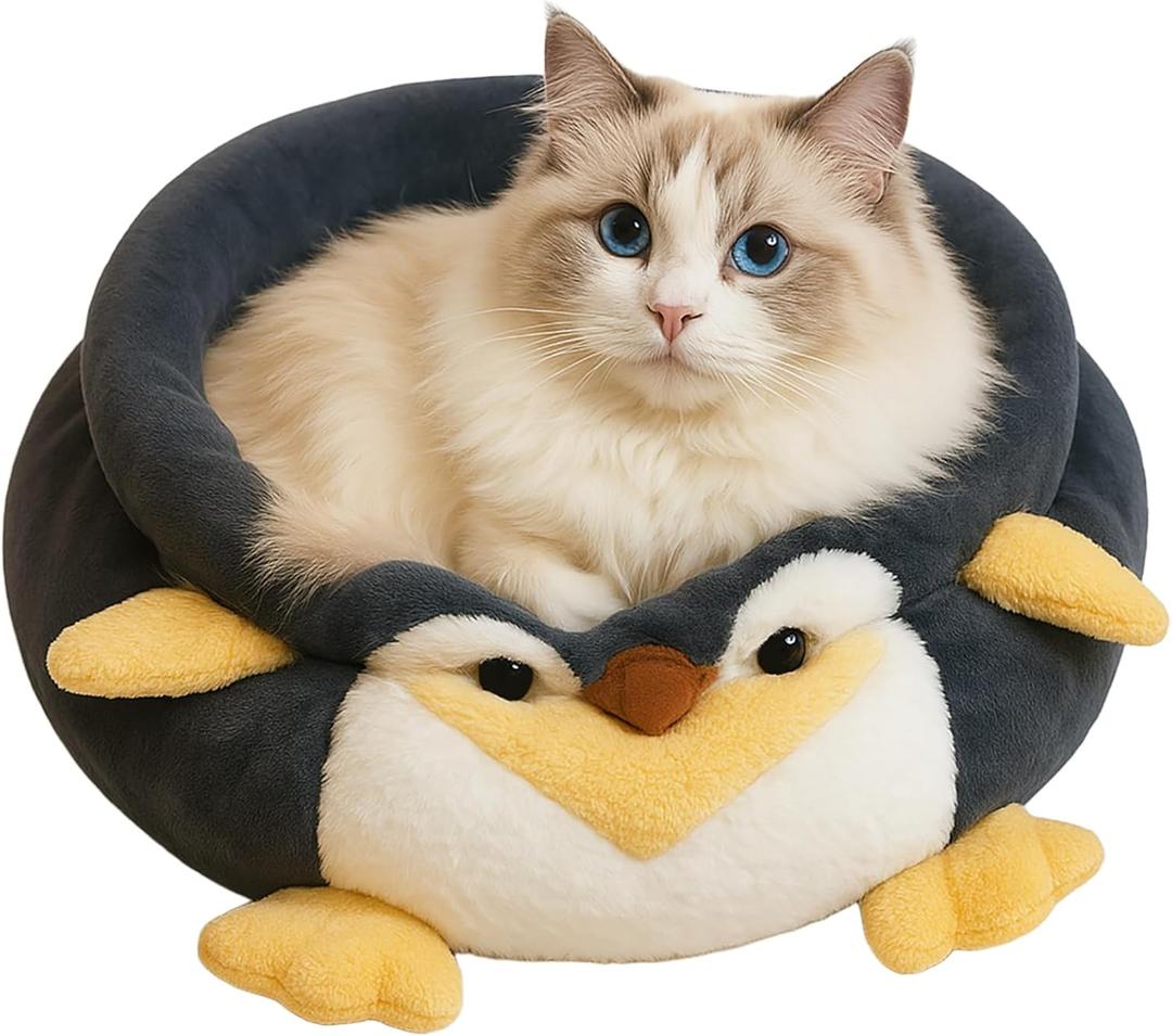 Cute Cat Beds for Indoor Cats, Soft Small Dog Beds, Washable Pet Beds for Puppy and Kitty, Funny Penguin Cat Beds, 20 inch (Black)