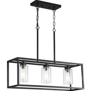 Black 3-Light Dining Room Light Fixture, Modern Farmhouse Chandeliers, Linear Rectangular Kitchen Island Lighting, Industrial Vintage Pendant Lighting with Clear Glass Shade Height Adjustable