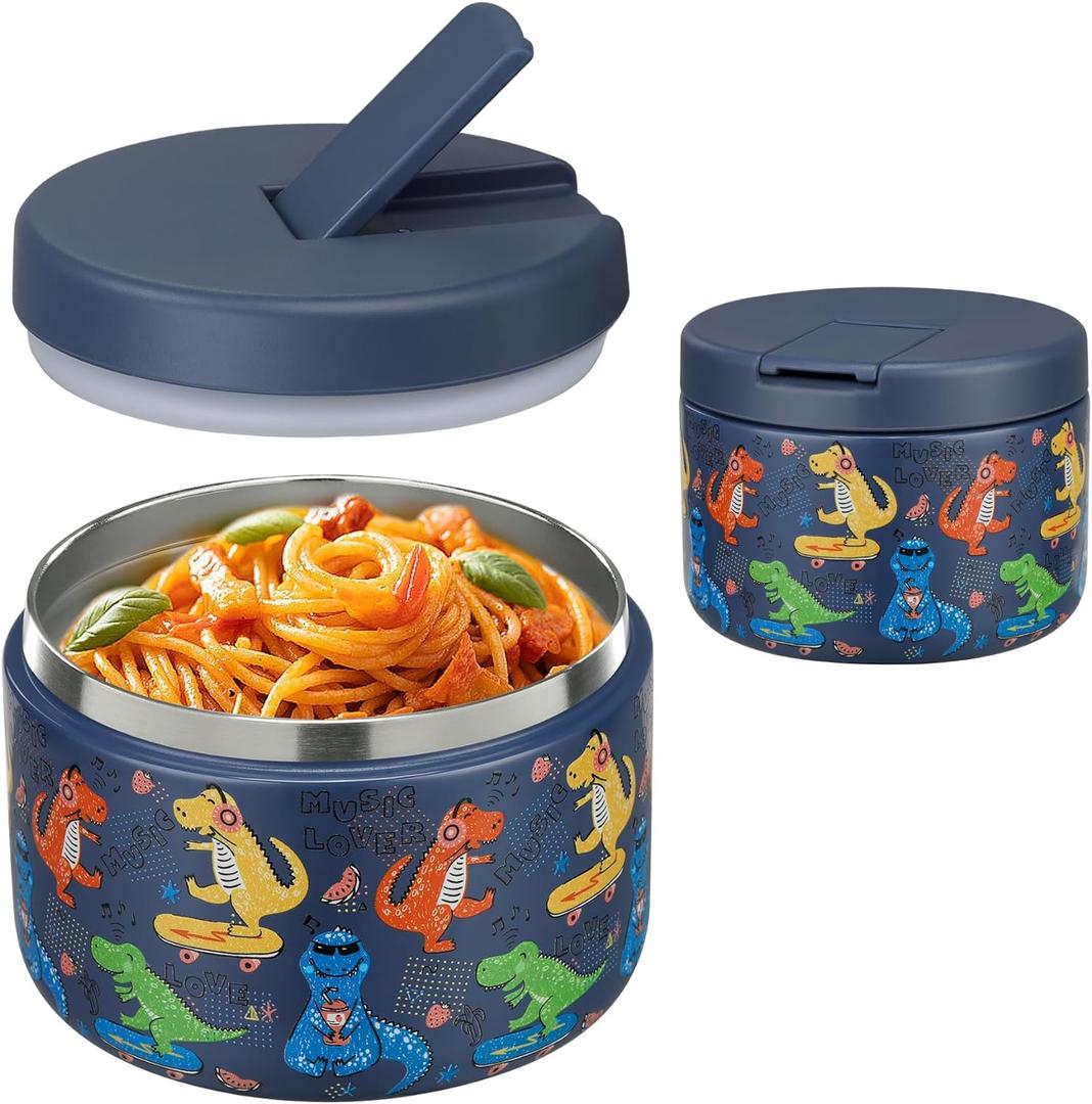 Pawtong 12oz Insulated Vacuum Food Jar with Buckle Lid Wide Mouth Soup Thermo for Hot Food Kids Leakproof Stainless Steel Lunch Container (Blue-Dinosaur)