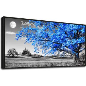Framed Canvas Wall Art For Living Room Large Size Wall Decor For Bedroom Black And White Wall Pictures Blue Moon Tree Scenery Wall Painting Office Decor Room Home Decoration Black Framed 30" X 60"