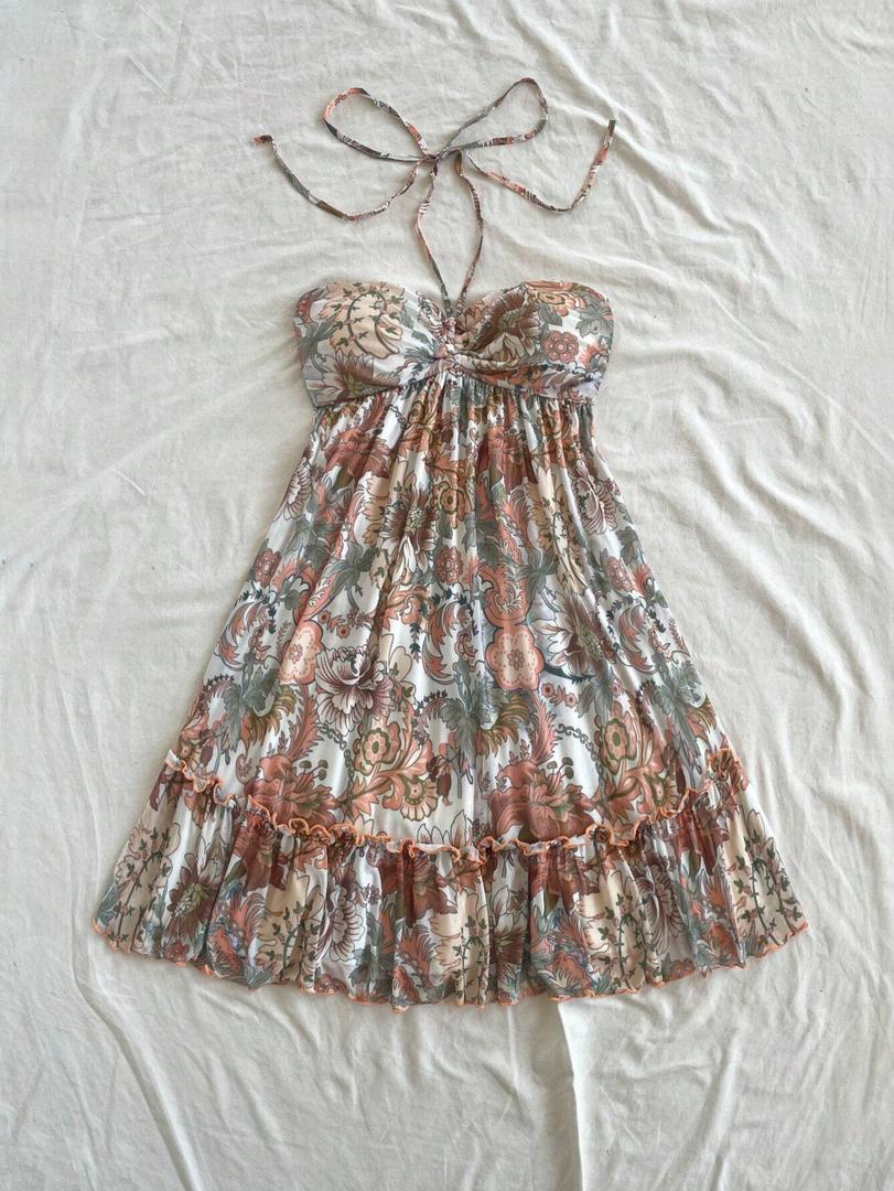 MakeMeChic Women's Paisley Print Ruched Halter Mini Dress Ruffle Tiered A Line Boho Dresses Khaki, Large