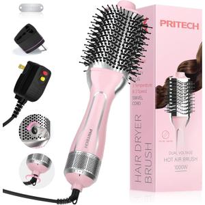 PRITECH 1000W Dual Voltage Ceramic Ionic Hair Dryer Brush,4-in-1 Hot Air Styler & One Step Volumizer for Straight & Curly Hair Salon (110-120V/220-240V),Blush Silver