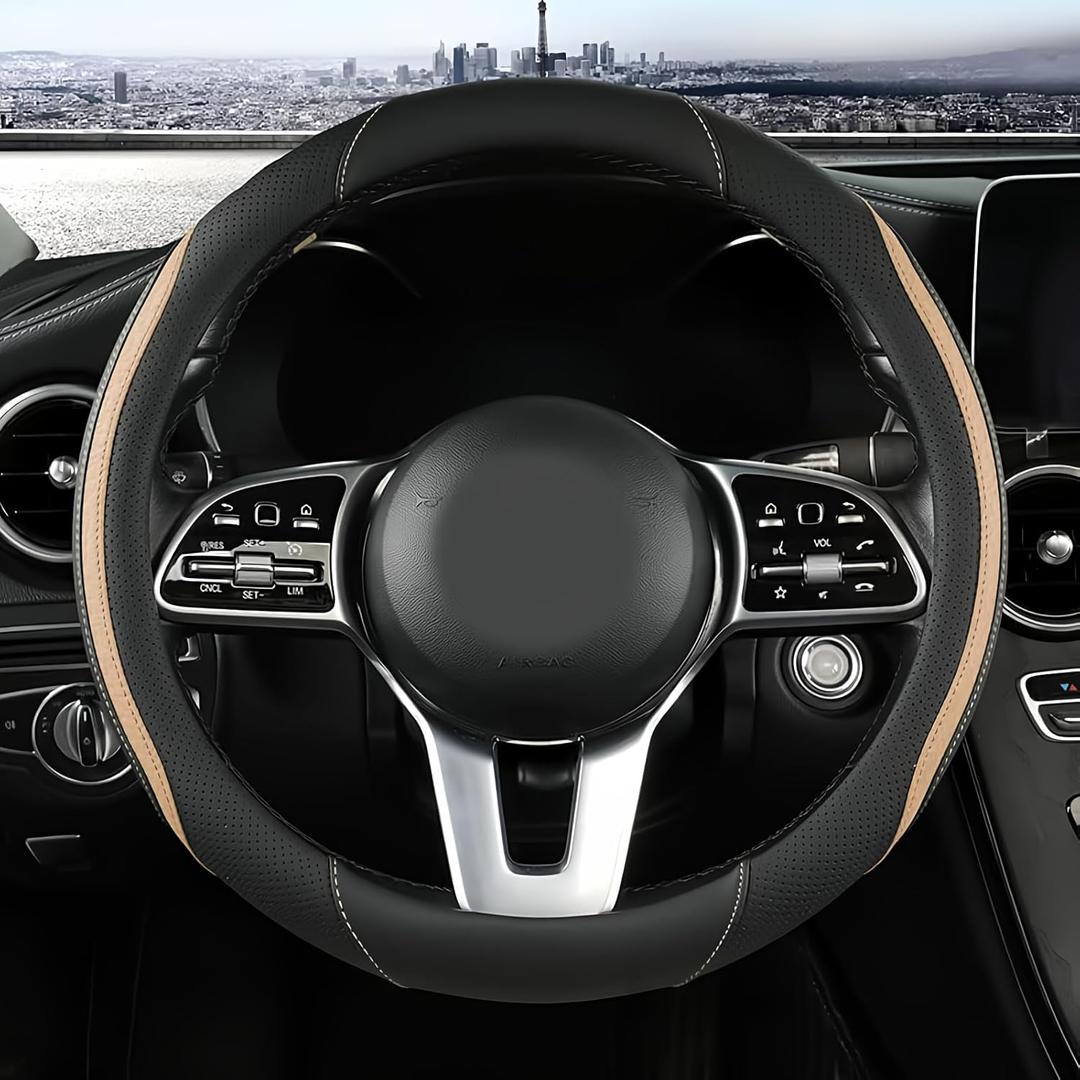 Car Steering Wheel Cover, Leather Steering Wheel Cover Beige Universal 14.5-15 Inch Microfiber Leather Anti-Slip Breathable Auto Steering Wheel Covers for Men Women (Black & Beige)