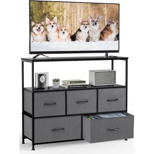 DUMOS TV Stand Dresser for Bedroom Entertainment Center with 5 Fabric Drawers Storage Organizers Units, Media Console Table with Open Shelf up for 45" Television for Living Room, Dorm, Grey