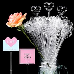 Nitial 100 Pcs Plastic Heart Shape Floral Picks Card Holders for Wedding Bouquet Birthday Party Decorations 9.4 Inch