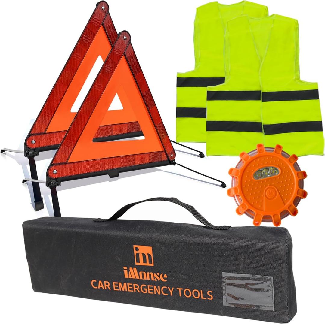 Warning Safety Triangle Kit, Emergency Roadside Warning Reflective Triangle 2 Packs with 1 LED Road Flare Light, Foldable with Storage Case for Roadside Breakdowns Emergencies