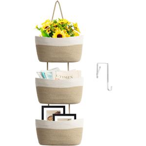 TeoKJ Over the Door Hanging Basket, 3-Tier Woven Cotton Wall-Mounted Storage Organizer Bag Decorative Hanging Kitchen Baskets - White + Jute