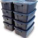 Rubbermaid Roughneck Tote 10 Gal, 8 Pack, Made in USA, Dark Indigo Metallic, Rugged Plastic Stackable Storage Bins with Lids and Handles