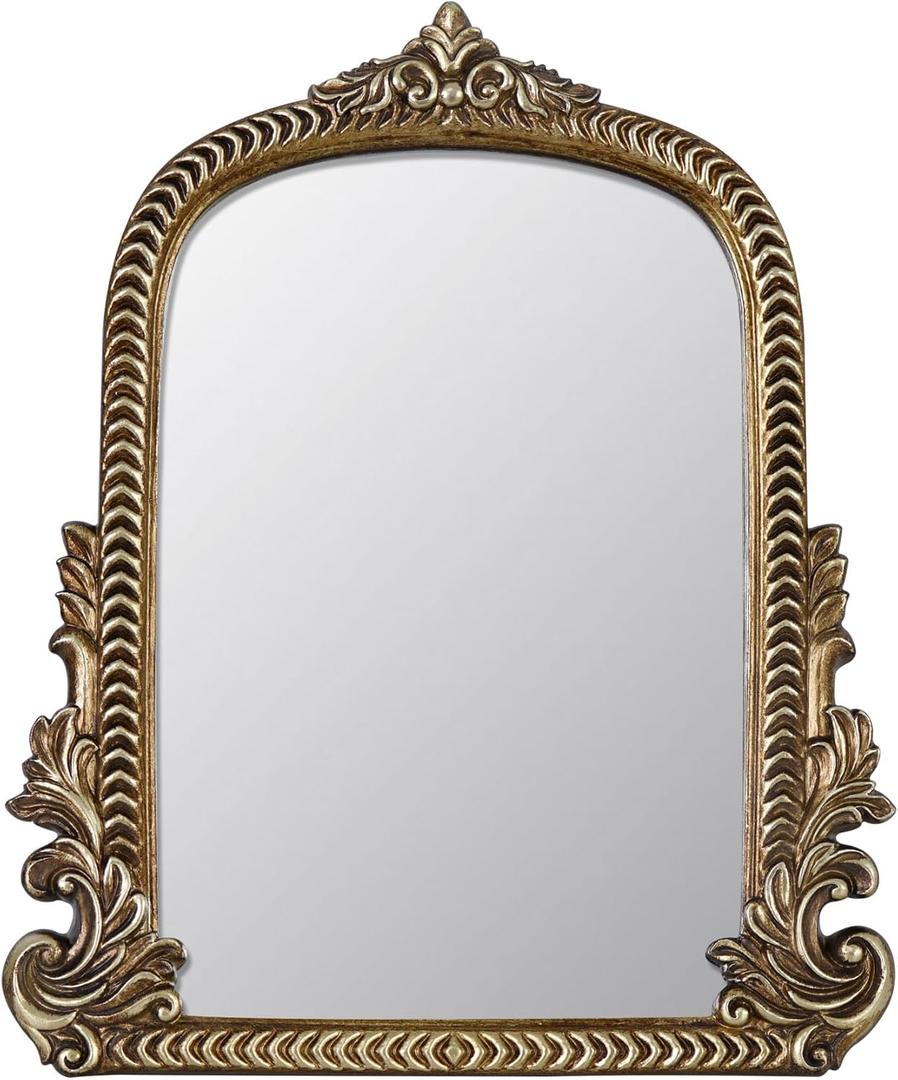 Antique Arched Mirror for Vanity with Resin Frame -Small Size (9.5 x 11.6 inch) Standing Mirror for Living Room, Bedroom, Tabletop-Vintage Gold