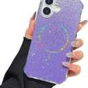 TEECOVER for iPhone 16 Plus Case 6.7-Inch, [Clear Wavy Border][Sparkly Glitters][Fit for MagSafe] Shockproof Cute Slim Phone Case for Women & Girls - Purple