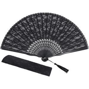choyaxo Lace Handheld Chinese Folding Fan Bamboo Silk Folding Fan for Women Wedding Decoration Dancing Party, Black