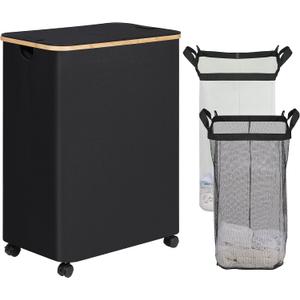 efluky Double Laundry Hamper with Wheels, Divided Laundry Hamper with Removable Bags, 2 Section Dirty Clothes Basket with Handles for Bathroom, Bedroom & Laundry Room, 160L Dark Black