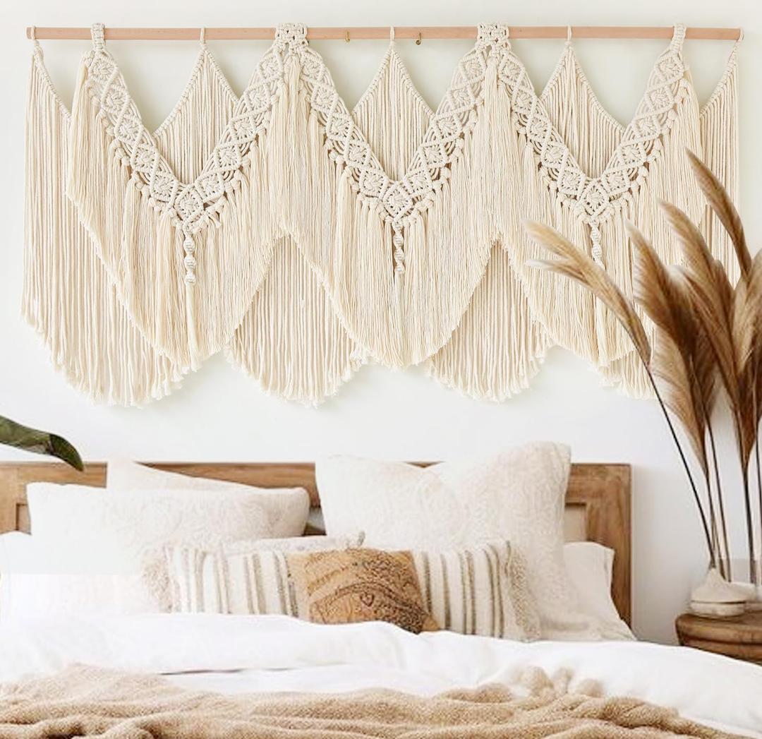 IOWER Macrame Wall Hanging Wedding Hanger Macrame Wall Decor Dorm Craftsmanship Handmade Tassel Knotting Boho Fiber Art Home Room Decor 47" W x 25" L (Beige1)