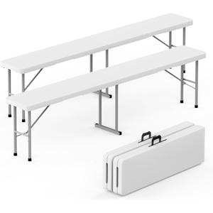 HLPB Folding Bench 6 ft, Foldable Plastic Bench with Handle and Smooth HDPE Tabletop, Protable in/Outdoor Picnic Party Camping Dining Seat, 2 Pack, White