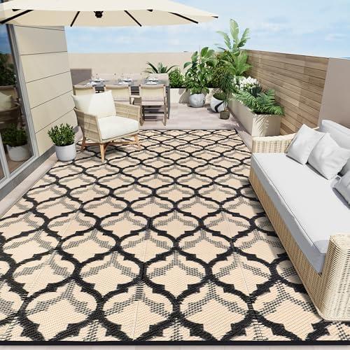 OLANLY Reversible Outdoor Rug 8x10 ft Clearance, Waterproof Outdoor Plastic Straw Rug with Interlacing Pattern, RV Mat for Patio, Camping, Balcony, Deck, Backyard, Black & Beige