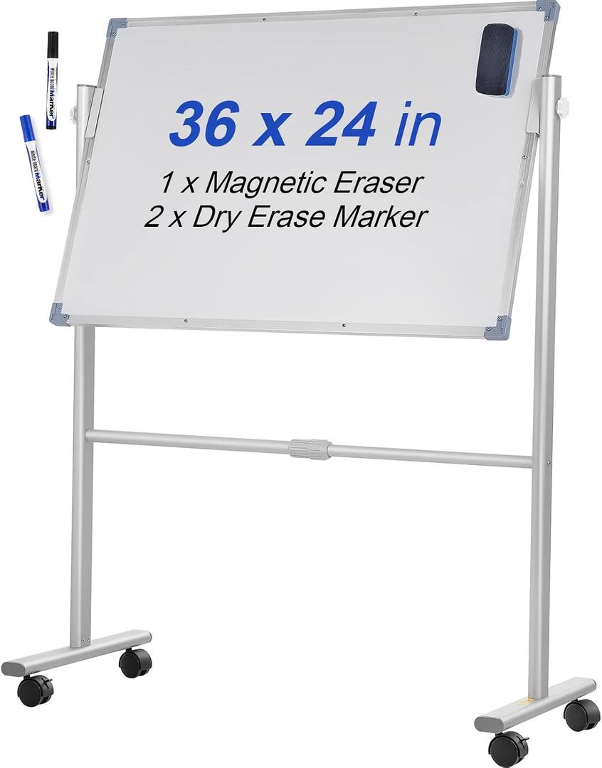 VEVOR Mobile Magnetic Whiteboard, 36 x 24 Inch, Double Sided, 360 Degree Reversible Rolling Dry Erase Board, Height Adjustable with Aluminum Frame and Lockable Swivel Wheels, for Office School Home
