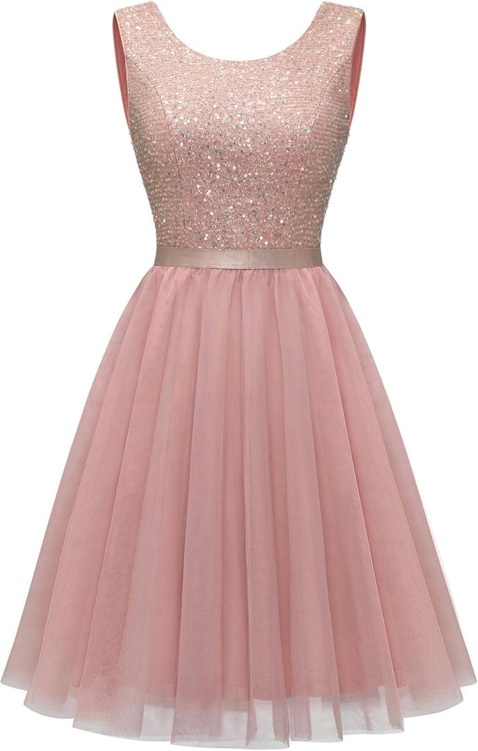 BeryLove Sequin Dress Vintage A Line Wedding Formal Swing Tulle Dress Sleeveless Cocktail Mini Dress, XS
