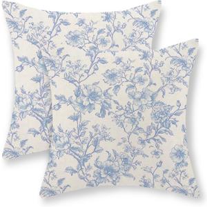 Baby Blue Pillow Covers 18x18 Set of 2 Blue and Cream Floral Chinoiserie Throw Pillows Vintage Rustic Toile Flower Decorative Pillowcase Outdoor Chinoiserie Decor Cushion Case for Couch Sofa
