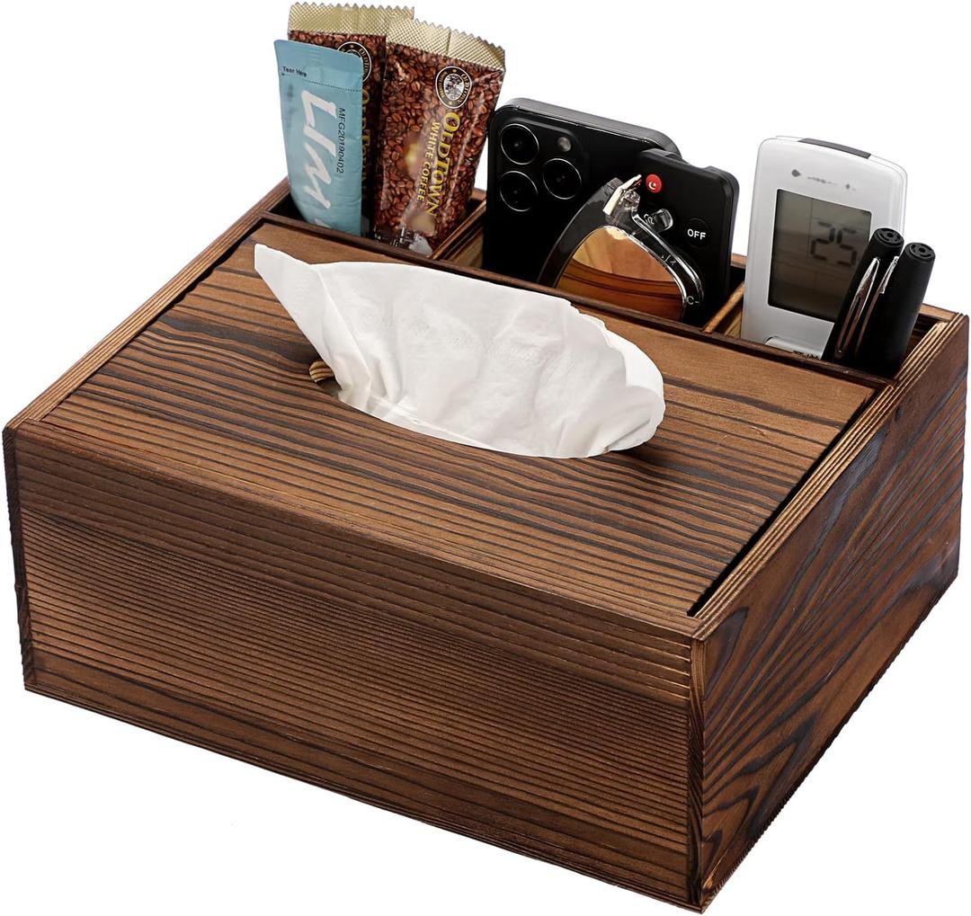 Sumnacon Wood Rectangular Tissue Box Cover - Multifunctional Tissue Holder with Stationery Remote Control Box, Decorative Tissue Pen Remote Organizer for Desktop Livingroom Bedroom Home Office, Yellow