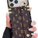 Compatible with iPhone 17 Pro Max Case Luxury Designer for Women Girls,Rectangle Leather with Wristband Strap Kickstand Holder Protective Cover for 17 Pro Max - 6.9 inch(Brown)