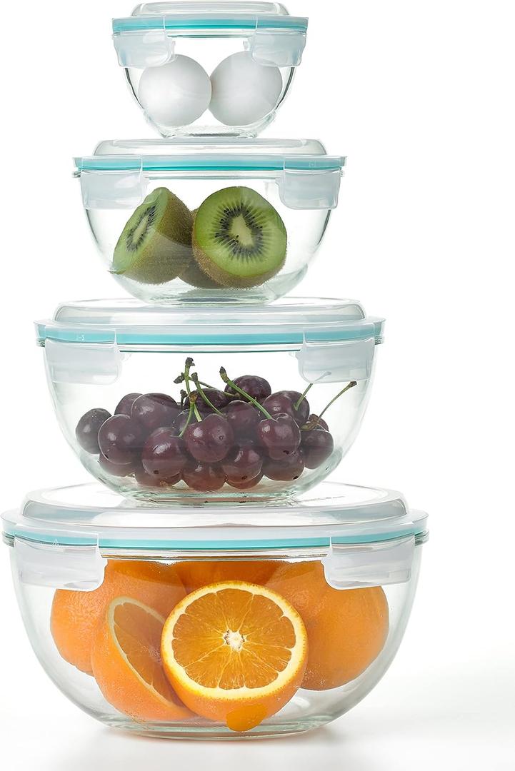 Glasslock Mixing Bowl with Latching Lids 8Pieces Set – Airtight, Leakproof, BPA Free Lids, Nesting, Meal Prep, Baking, Salad, Food Storage & Serving Bowl, Microwave, Fridge & Freezer, Dishwasher Safe