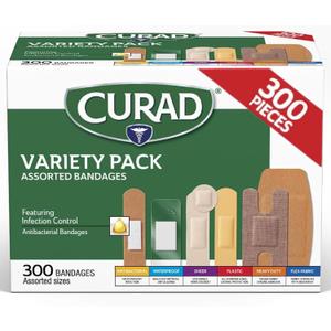 CURAD Assorted Bandages Variety Pack, 300 Count, 6 Styles Including Antibacterial Waterproof, Sheer, Plastic, Heavy Duty & Flex-Fabric, Protects Scrapes, Cuts & Burns, Latex-Free