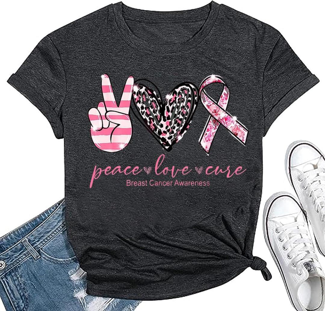 Breast Cancer Awareness Shirts Women Pink Ribbon T-Shirts Cancer Fighter Leopard Heart Graphic Tee Short Sleeve Tops (Gray, M)