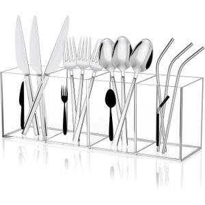 Acrylic Cutlery Storage Organizer Bin with Straw Holder, Clear Acrylic Silverware Caddy Utensil Holder 4 Section Plastic Cutlery Caddy Straw Organizer for Countertop Kitchen Party Buffet Picnic