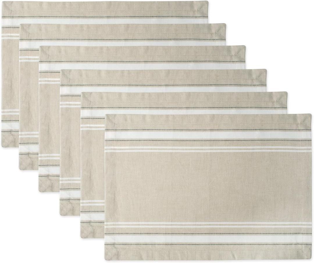 DII French Stripe Dining Table Collection Farmhouse Style Placemat Set, 13x19 Inches, Taupe/White, 6 Piece