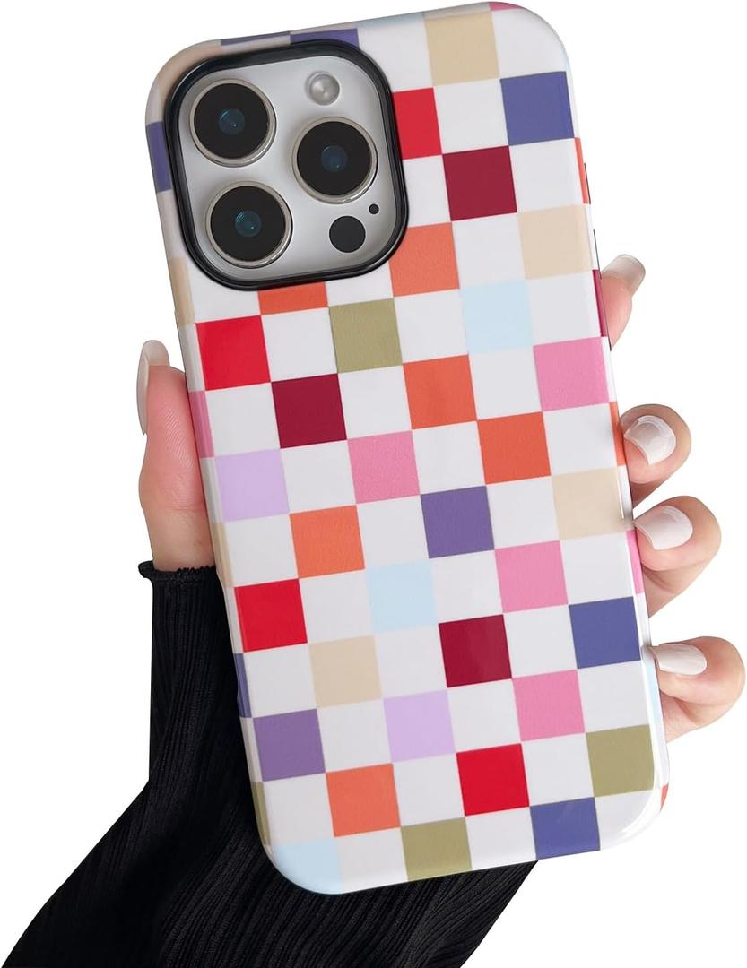 Compatible with iPhone 16 Pro Case, Cute Aesthetic Fashion Colorful Checkered Cover for Women, Shockproof Slim Soft TPU and Hard PC Protective Phone Case for iPhone 16 Pro 6.3"- Colorful