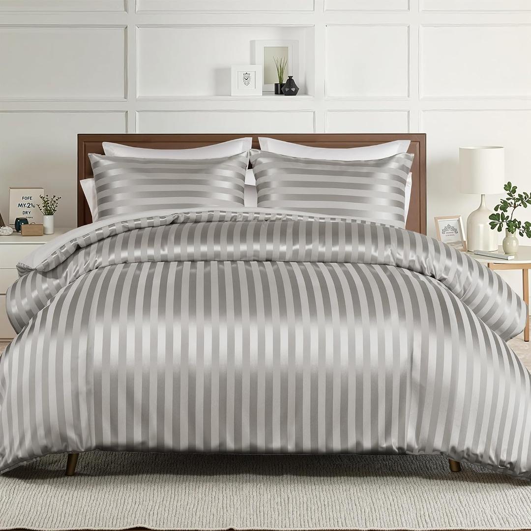 Whale Flotilla 3-Piece Reversible Silky Soft Queen Comforter Set, Luxury Stripe Satin Comforters Full Size Bedding Set with 2 Satin Pillowcases, Lightweight Duvet for All Seasons, Grey
